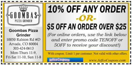 Goombas Pizza Grinder Arvada Coupon